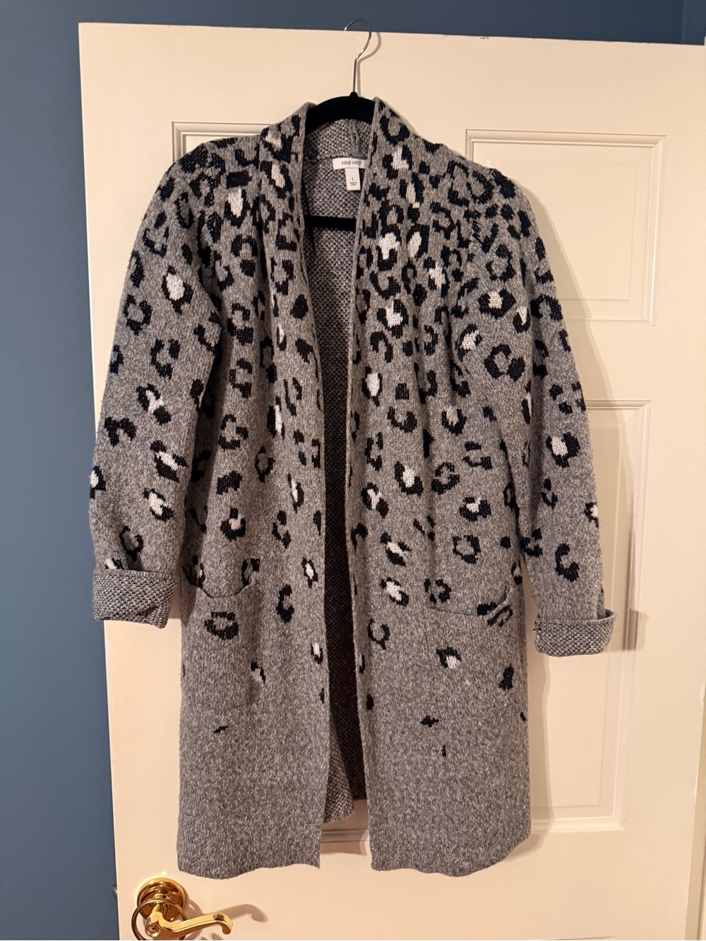 Nine West Grey Leopard-Print Open Front Coatigan
